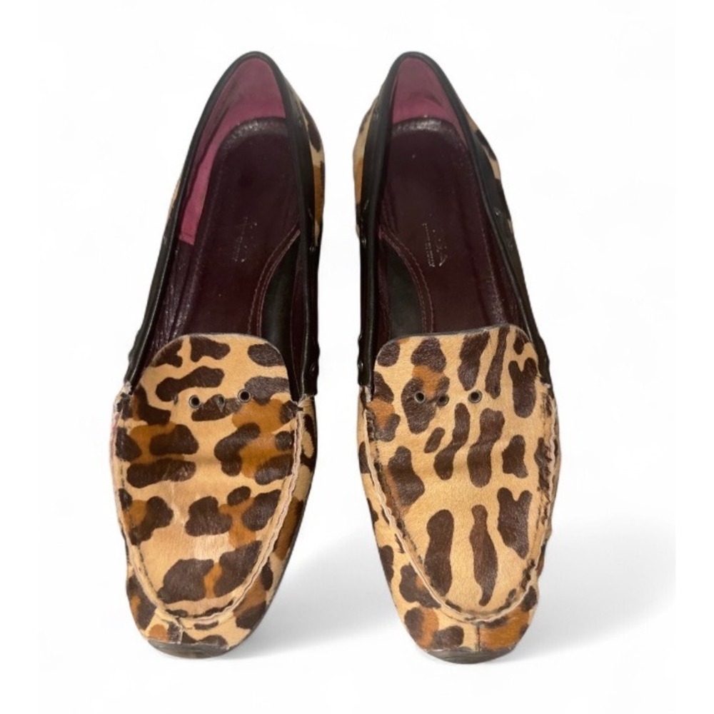 Via Spiga Womens Leopard Calf Hair Loafers Black Leather Trim Driving Mocs 8.5M
